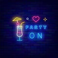 Party on neon signboard. Bar cocktail glass. Night club evening. Shiny greeting card. Laser sign. Vector illustration Royalty Free Stock Photo