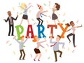 Party at the office, vector illustration. Typography poster with dancing people, funny cartoon characters, business Royalty Free Stock Photo