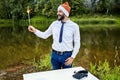 During the party, an office worker lit a sparkler Royalty Free Stock Photo