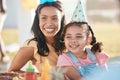 Party, outdoor and mother with girl, birthday and celebration with happiness, event and cheerful. Mama, daughter or Royalty Free Stock Photo