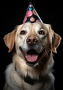 Happy dog with a celebratory hat. Generative Ai Royalty Free Stock Photo