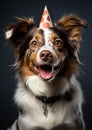 Happy dog with a celebratory hat. Generative Ai