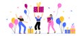 Party people. Women with gifts balloons and confetti. Dancing on party. Happy girls, festival people on birthday, colorful Royalty Free Stock Photo