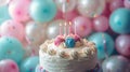 Party Perfection: Colorful Balloons and Birthday Cake with Candles Set the Festive Scene Royalty Free Stock Photo