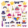 Party photo booth set. Vector flat cartoon icons. Collection of costumes, birthday or wedding decoration props Royalty Free Stock Photo