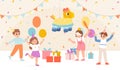 Party pinata for children birthday celebration. Kid hitting pinata with confetti, funny festive entertainment. Cartoon Royalty Free Stock Photo