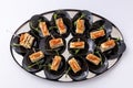 Party platter of bite size appetisers. Appetizer canape. Catering Royalty Free Stock Photo