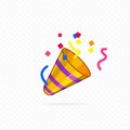 Party popper icon. Confetti icon. Vector. Exploding party popper with confetti, bright cartoon birthday cracker. Flapper for