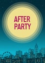 After party poster card , cityscape street view panorama with ferris wheel and lights windows wallpaper background , vertical blue Royalty Free Stock Photo