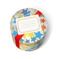 Party present box with stars and red ribbon