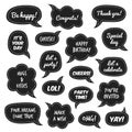 Party props. Photo booth comic speech bubbles with funny phrases for masquerade, white congratulate text on black