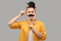 Red haired teenage girl with black moustaches Royalty Free Stock Photo