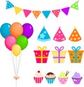 Party set with balloons, presents and cupcakes Royalty Free Stock Photo