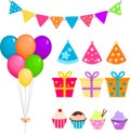 Party set with balloons, presents and cupcakes