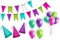 Party set of realistic bunting flags, party hats, balloons Royalty Free Stock Photo