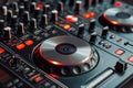 In party setting, DJ mixer control panel equalizer musical console audio mixing controller is used Royalty Free Stock Photo