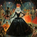 Party of skeletons, corpses, in an elegant long black dress skeleton woman, party of the dead. For the day of the dead and