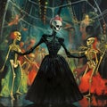 Party of skeletons, corpses, in an elegant long black dress skeleton woman, party of the dead. For the day of the dead and