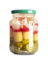 Party skewers, with pickled vegetables, in a glass jar, with screw cap Royalty Free Stock Photo