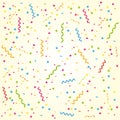 Party streamers and confetti. Sweet birthday card or celebration background.
