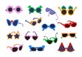 party sunglasses set. holiday masquerade sunglasses set of isolated objects, cartoon carnival decorative glasses. vector