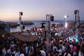 Nightclub with Ocean View, Party at Dawn, Crowd Having Fun and Dancing, Sunrise