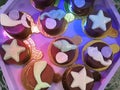 Party sweets, mini chocolate cake decorated with starfish and fish. Mermaid themed girl party. Royalty Free Stock Photo