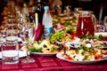 Party table with alcohol, food and drinks Royalty Free Stock Photo