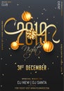 2019 Party template or flyer design decorated with glowing bauble and golden ribbon on black background for New Year celebration Royalty Free Stock Photo