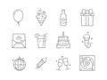 Party thin icons. Event celebration birthday fun entertainment party balls and cakes vector linear symbols isolated