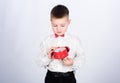 Party time. Businessman. Formal wear. happy child with retro clock in bow tie. little boy with alarm clock. Time to Royalty Free Stock Photo