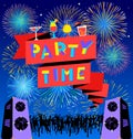 Party time lettering on banner. Disco clud poster with loudspickers, music, dancind people, fireworks