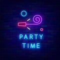 Party time neon sign. Pipe blower shiny icon. Glowing greeting card with text. Electric signboard. Vector illustration