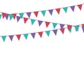 Party triangle bunting flags hanging on the rope. Colorful flag - green, purple, red