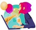 Party in virtual reality, girl enjoying champagne from laptop