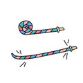 Party whistle vector isolated illustration. Funny party blower rolled and unrolled. Birthday accessory. Bday noise maker doodles.