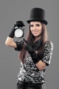 Party Woman with Top Hat and Alarm Clock on New Year