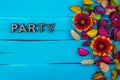 Party word on blue wood with flower Royalty Free Stock Photo