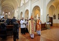 Paschal procession in the St. Martin of Tours Cathedral in Mukachevo city in Ukraine