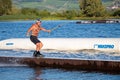 Rider wakeboarding in the cable wake park Merkur