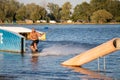 Rider wakeboarding in the cable wake park Merkur