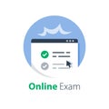 Pass online exam, knowledge review, distant learning, complete course, internet education, fill out e-form