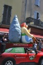 Passage of an advertising car of Parc Asterix in the caravan of the Tour de France Royalty Free Stock Photo