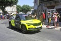Passage of an advertising car of road safety in the caravan of the Tour de France