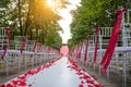 Passage between the chairs, decorated with rose petals leads to the wedding arch. Solemn wedding registration in the park among Royalty Free Stock Photo