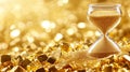 The passage of time is represented by an ancient hourglass, bathed in golden light, nestled deep within a cave Royalty Free Stock Photo