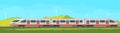 Passanger modern electric high-speed train with nature landscape in a hilly area. Railway transport. Travel by train