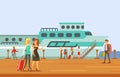 Passangers Boarding A Cruise Liner, Part Of People Taking Different Transport Types Series Of Cartoon Scenes With Happy