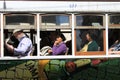 Passengers in the old tram in Lisbon, Portugal