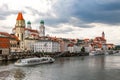 Panoramic view of Passau. Aerial skyline of old town with beautiful reflection in Danube river, Bavaria, Germany.